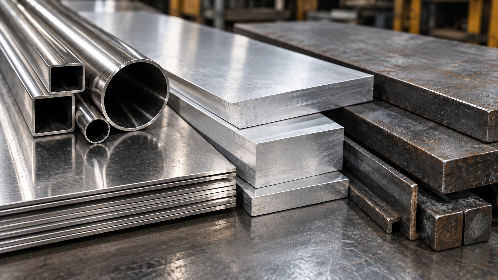 Close-up of stainless steel, aluminium and mild steel materials used for metal fabrication